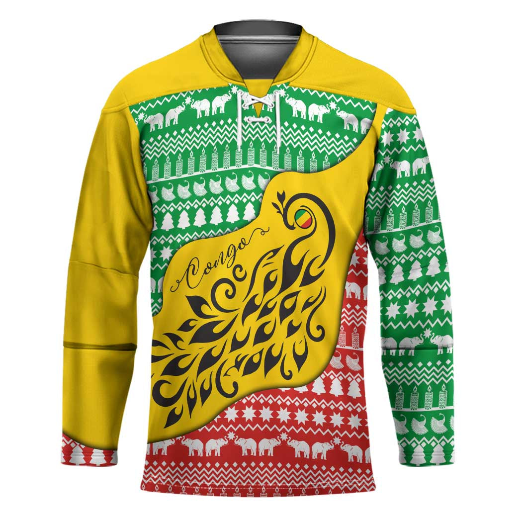 Congo Christmas Hockey Jersey with Tribal Tree Design Coat of Arms and Animal Pattern - Wonder Print Shop