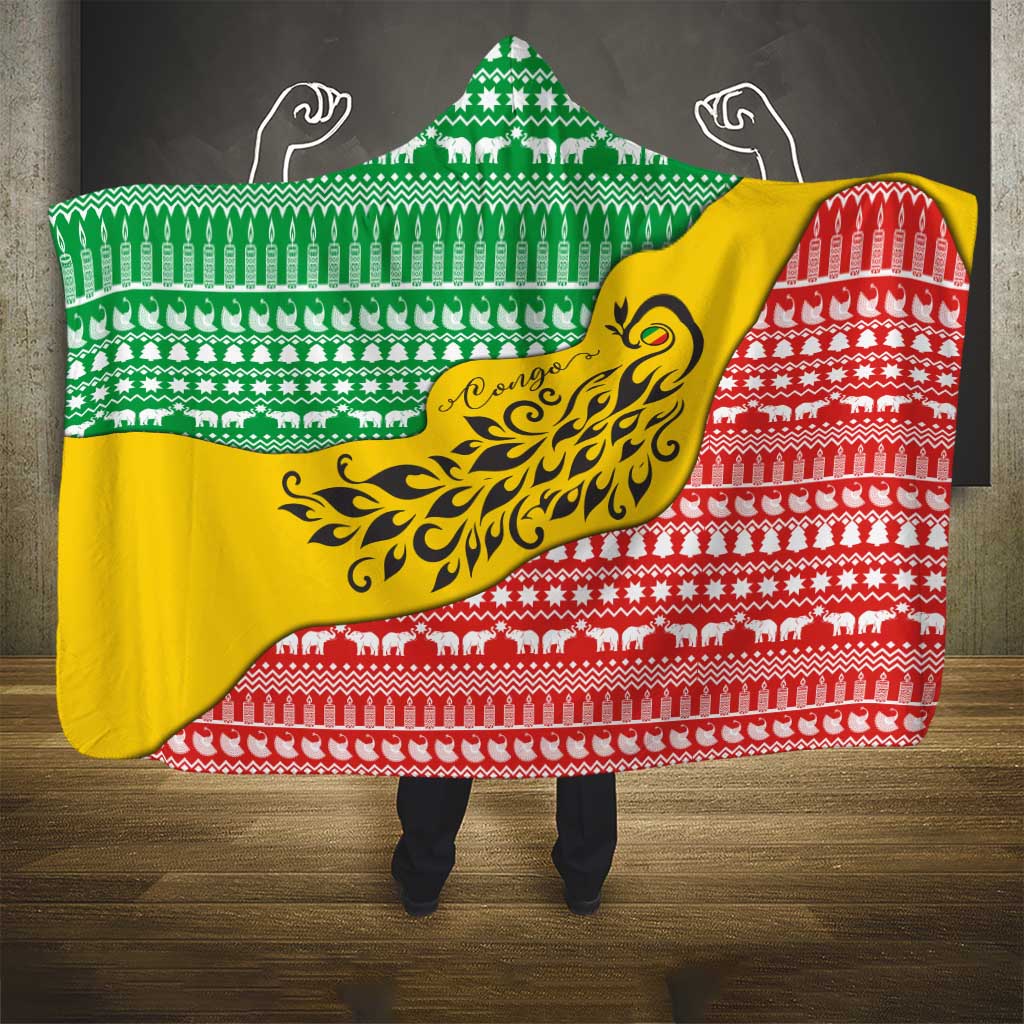 Congo Christmas Hooded Blanket with Tribal Tree Design Coat of Arms and Animal Pattern - Wonder Print Shop