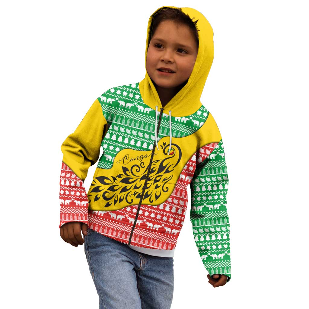 Congo Christmas Kid Hoodie with Tribal Tree Design Coat of Arms and Animal Pattern - Wonder Print Shop