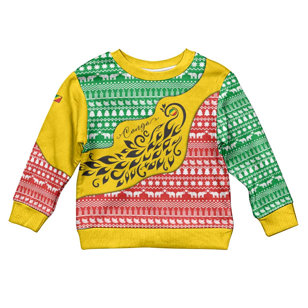 Congo Christmas Kid Ugly Christmas Sweater with Tribal Tree Design Coat of Arms and Animal Pattern - Wonder Print Shop