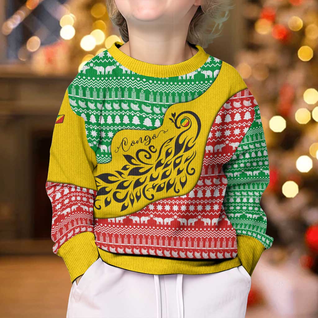 Congo Christmas Kid Ugly Christmas Sweater with Tribal Tree Design Coat of Arms and Animal Pattern - Wonder Print Shop