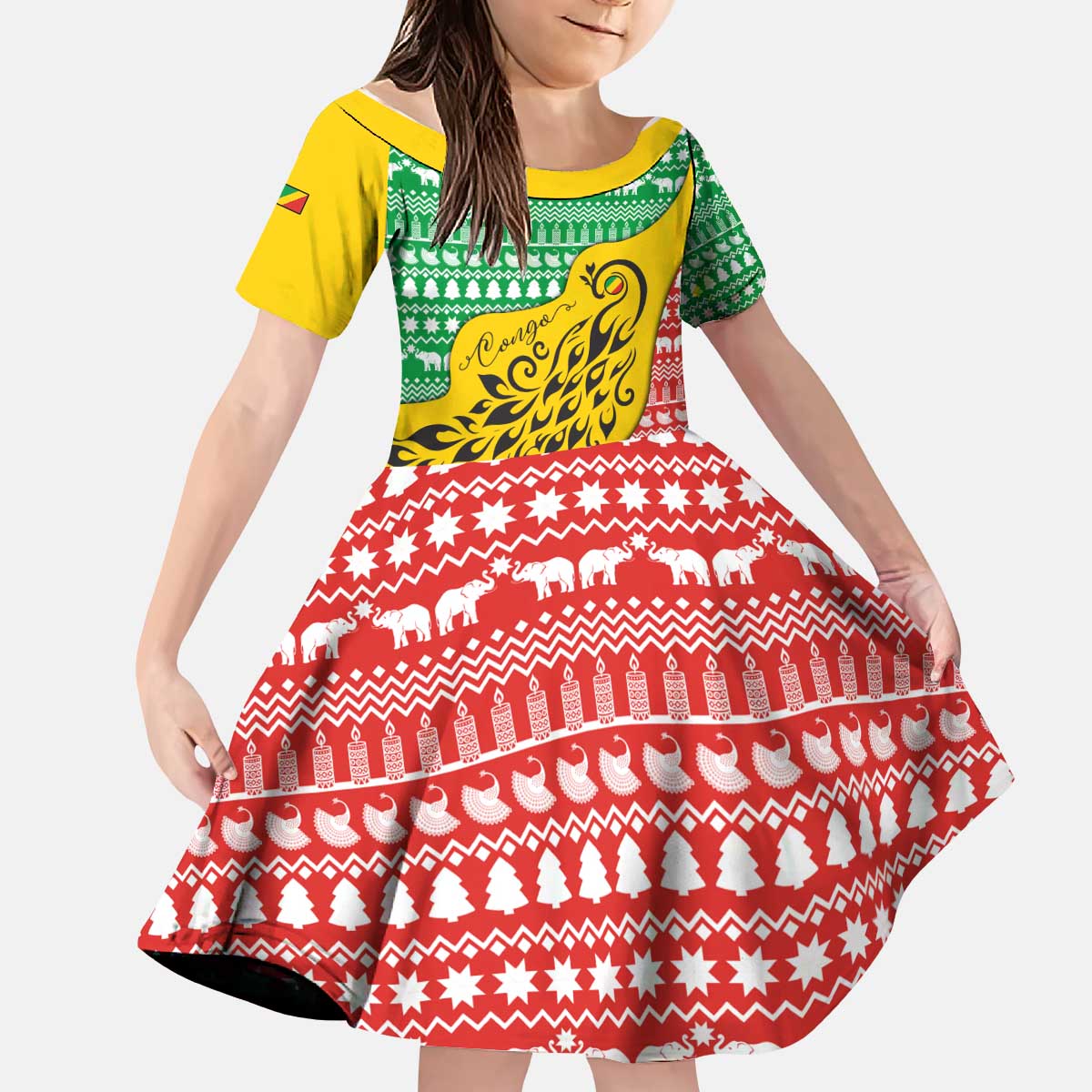 Congo Christmas Kid Short Sleeve Dress with Tribal Tree Design Coat of Arms and Animal Pattern - Wonder Print Shop