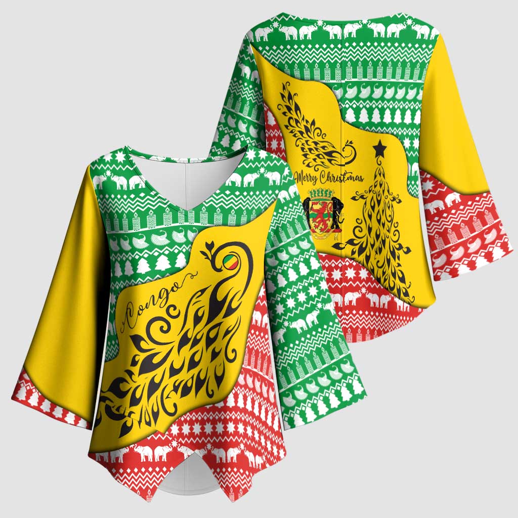 Congo Christmas Kimono Sleeve Blouse with Tribal Tree Design Coat of Arms and Animal Pattern - Wonder Print Shop