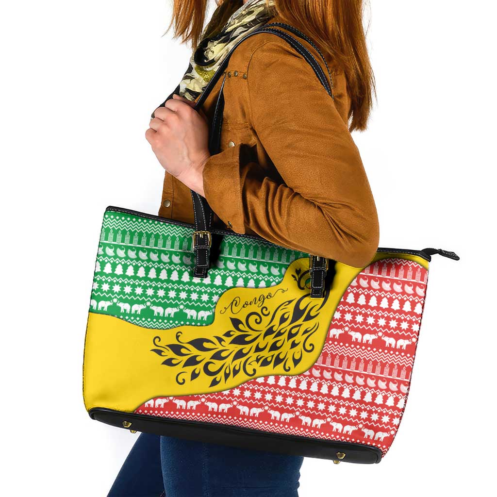 Congo Christmas Leather Tote Bag with Tribal Tree Design Coat of Arms and Animal Pattern - Wonder Print Shop