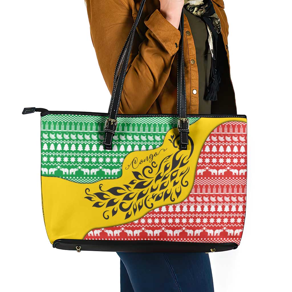 Congo Christmas Leather Tote Bag with Tribal Tree Design Coat of Arms and Animal Pattern - Wonder Print Shop