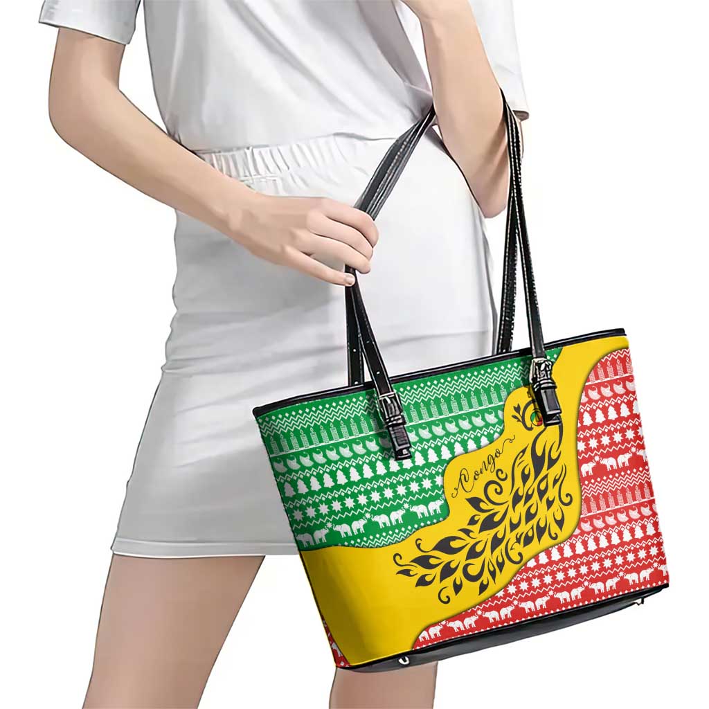 Congo Christmas Leather Tote Bag with Tribal Tree Design Coat of Arms and Animal Pattern - Wonder Print Shop