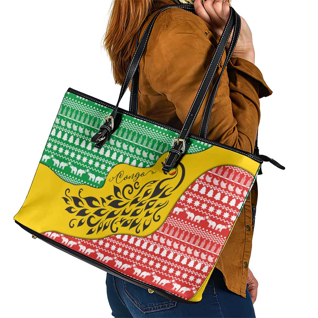 Congo Christmas Leather Tote Bag with Tribal Tree Design Coat of Arms and Animal Pattern - Wonder Print Shop