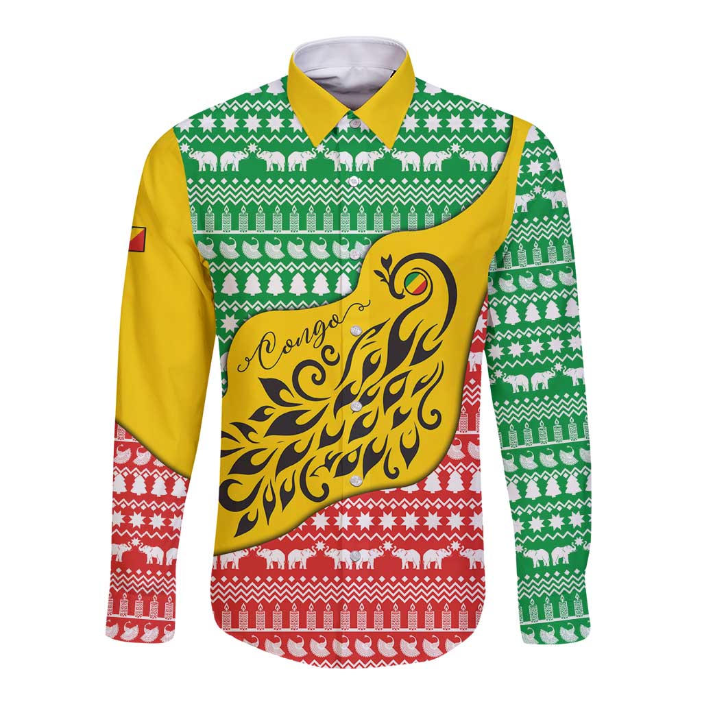 Congo Christmas Long Sleeve Button Shirt with Tribal Tree Design Coat of Arms and Animal Pattern - Wonder Print Shop