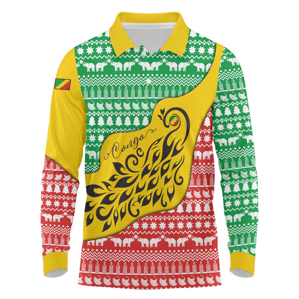 Congo Christmas Long Sleeve Polo Shirt with Tribal Tree Design Coat of Arms and Animal Pattern - Wonder Print Shop