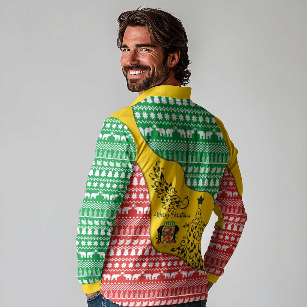 Congo Christmas Long Sleeve Polo Shirt with Tribal Tree Design Coat of Arms and Animal Pattern - Wonder Print Shop