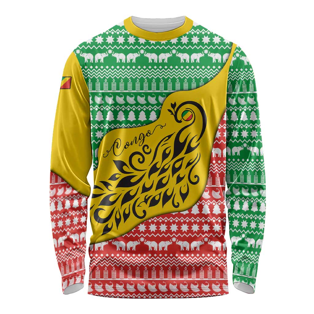 Congo Christmas Long Sleeve Shirt with Tribal Tree Design Coat of Arms and Animal Pattern - Wonder Print Shop