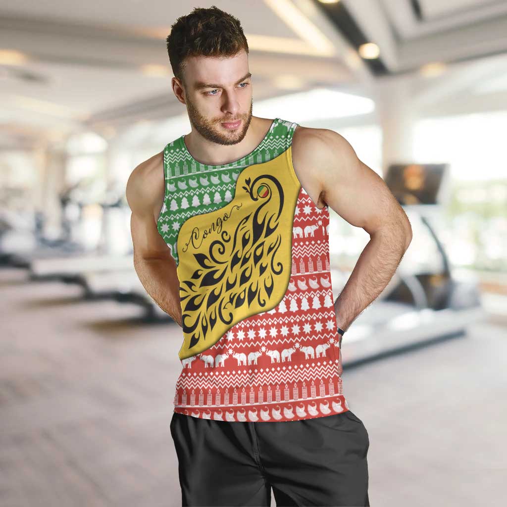 Congo Christmas Men Tank Top with Tribal Tree Design Coat of Arms and Animal Pattern - Wonder Print Shop