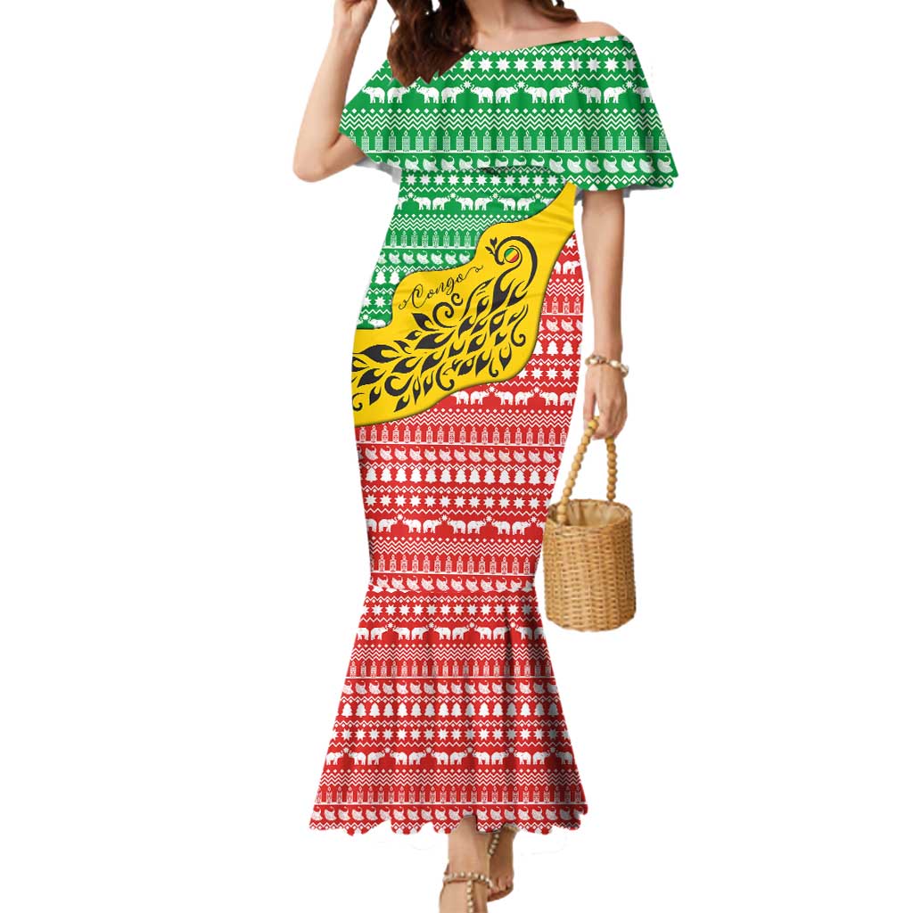 Congo Christmas Mermaid Dress with Tribal Tree Design Coat of Arms and Animal Pattern - Wonder Print Shop
