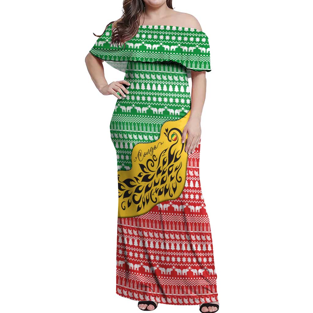Congo Christmas Off Shoulder Maxi Dress with Tribal Tree Design Coat of Arms and Animal Pattern - Wonder Print Shop