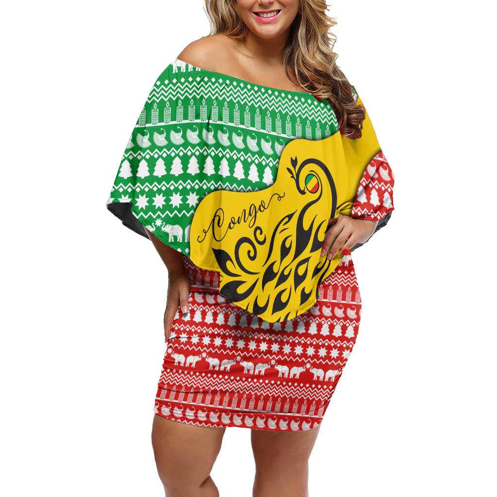 Congo Christmas Off Shoulder Short Dress with Tribal Tree Design Coat of Arms and Animal Pattern - Wonder Print Shop