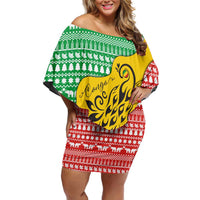 Congo Christmas Off Shoulder Short Dress with Tribal Tree Design Coat of Arms and Animal Pattern - Wonder Print Shop