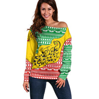 Congo Christmas Off Shoulder Sweater with Tribal Tree Design Coat of Arms and Animal Pattern - Wonder Print Shop