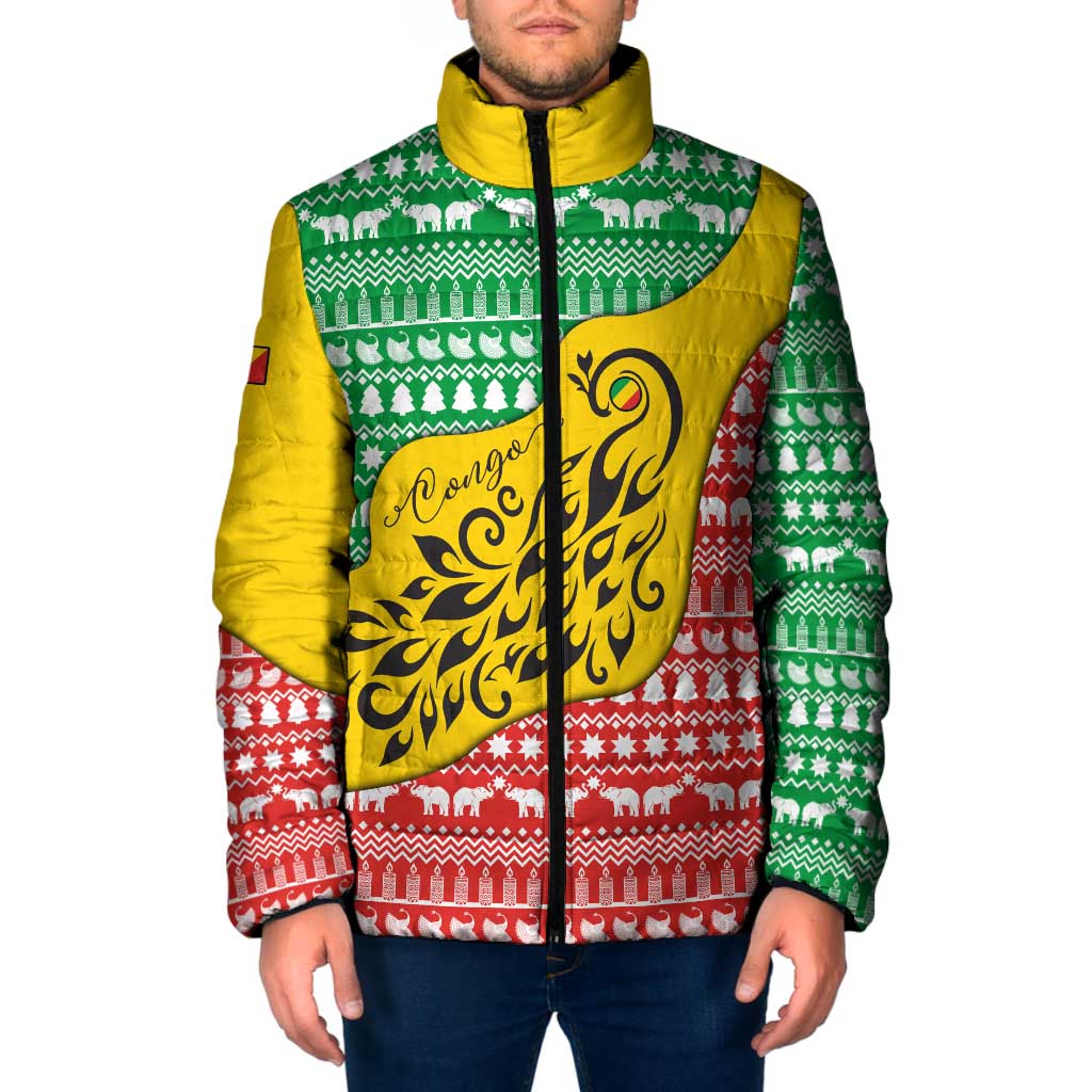 Congo Christmas Padded Jacket with Tribal Tree Design Coat of Arms and Animal Pattern - Wonder Print Shop