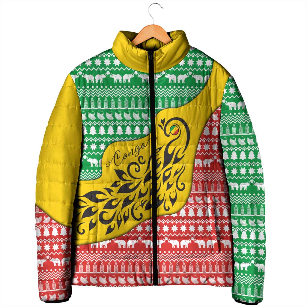 Congo Christmas Padded Jacket with Tribal Tree Design Coat of Arms and Animal Pattern - Wonder Print Shop