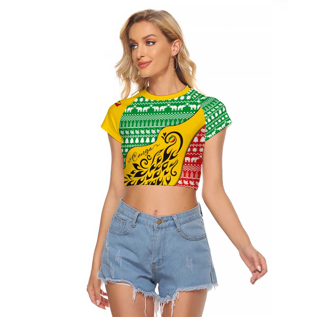 Congo Christmas Raglan Cropped T Shirt with Tribal Tree Design Coat of Arms and Animal Pattern - Wonder Print Shop