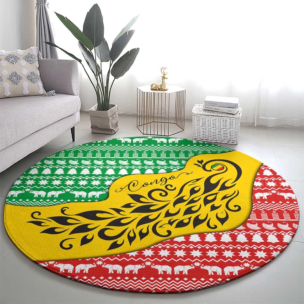 Congo Christmas Round Carpet with Tribal Tree Design Coat of Arms and Animal Pattern - Wonder Print Shop