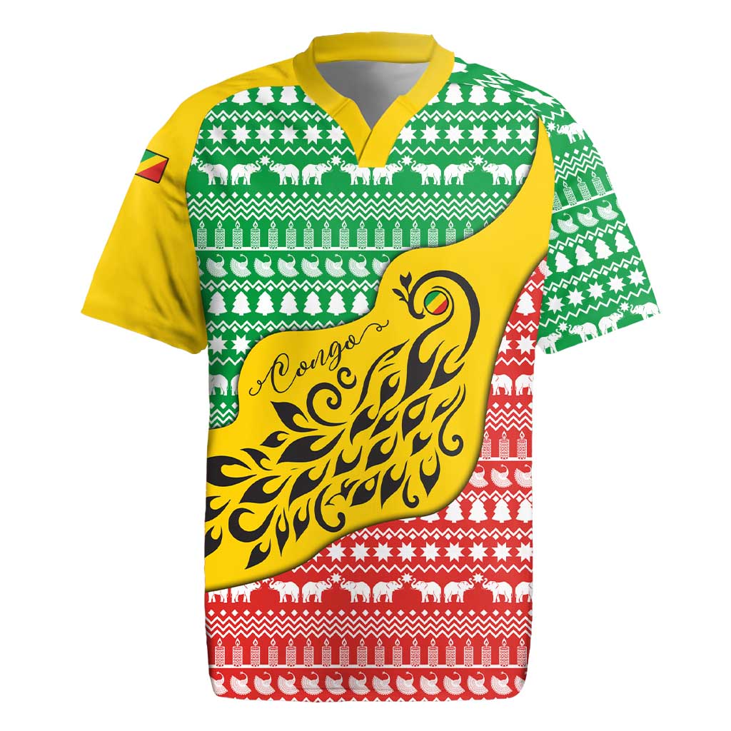 Congo Christmas Rugby Jersey with Tribal Tree Design Coat of Arms and Animal Pattern - Wonder Print Shop