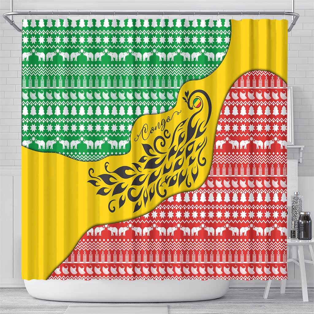 Congo Christmas Shower Curtain with Tribal Tree Design Coat of Arms and Animal Pattern - Wonder Print Shop