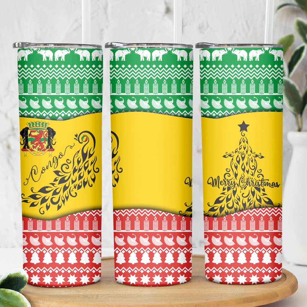 Congo Christmas Skinny Tumbler with Tribal Tree Design Coat of Arms and Animal Pattern - Wonder Print Shop
