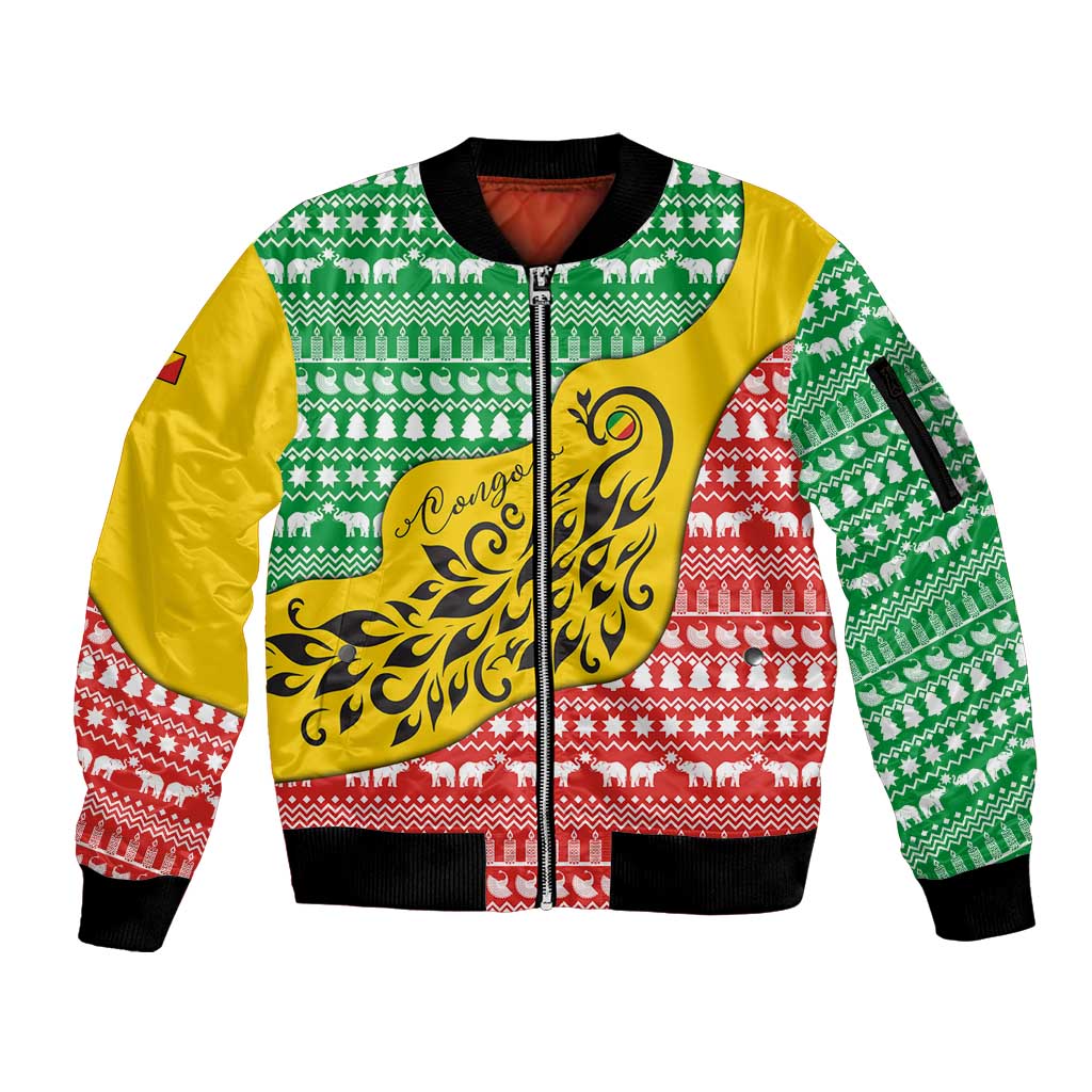 Congo Christmas Sleeve Zip Bomber Jacket with Tribal Tree Design Coat of Arms and Animal Pattern - Wonder Print Shop