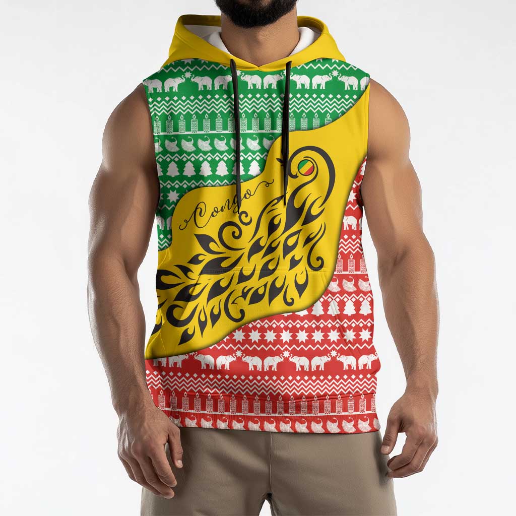 Congo Christmas Sleeveless Hoodie with Tribal Tree Design Coat of Arms and Animal Pattern - Wonder Print Shop