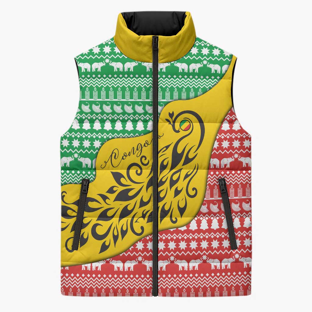 Congo Christmas Sleeveless Puffer Jacket with Tribal Tree Design Coat of Arms and Animal Pattern - Wonder Print Shop