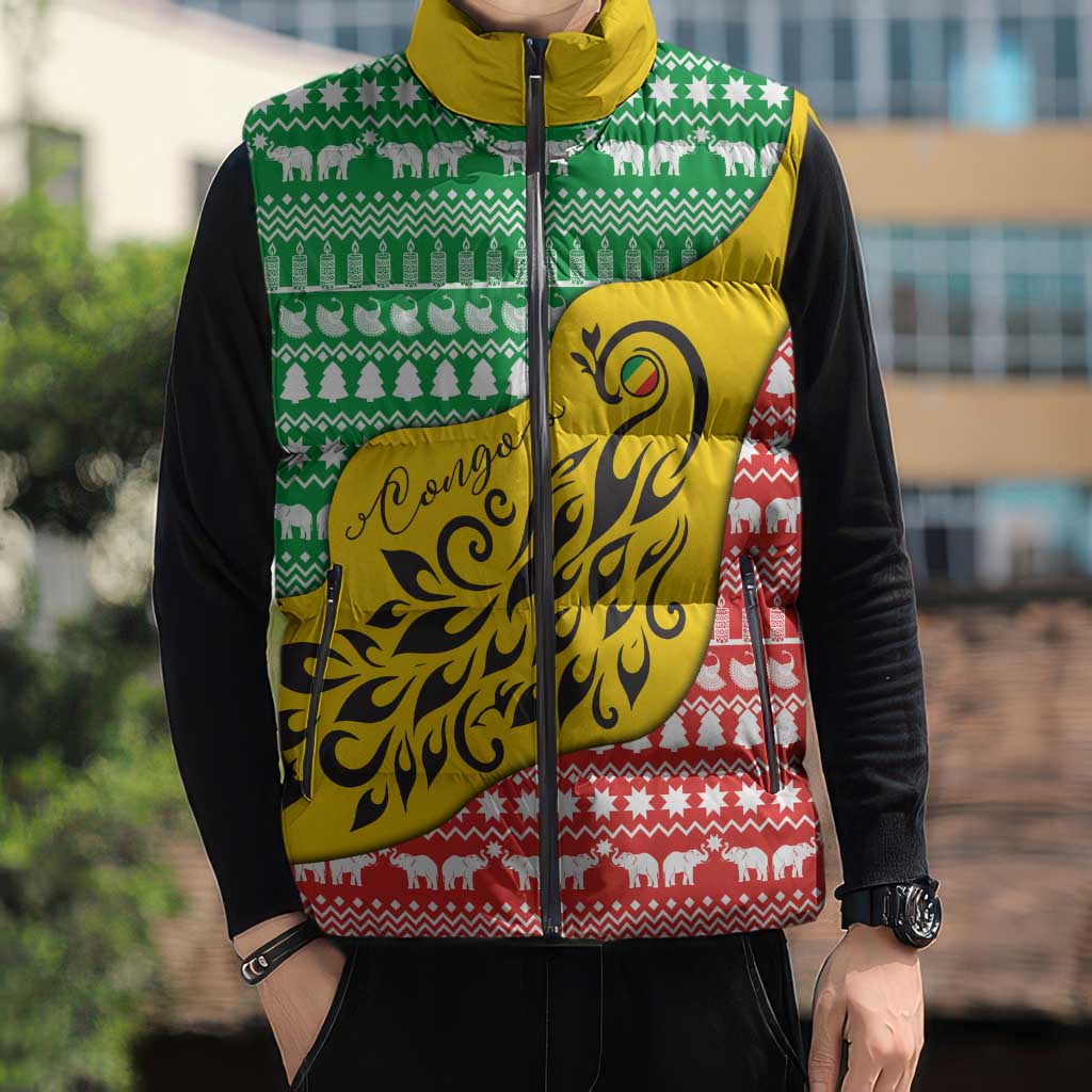 Congo Christmas Sleeveless Puffer Jacket with Tribal Tree Design Coat of Arms and Animal Pattern - Wonder Print Shop