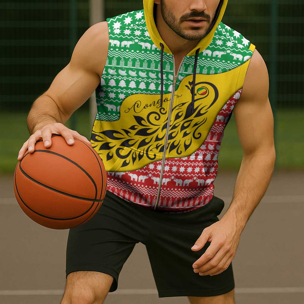 Congo Christmas Sleeveless Zip Hoodie with Tribal Tree Design Coat of Arms and Animal Pattern - Wonder Print Shop