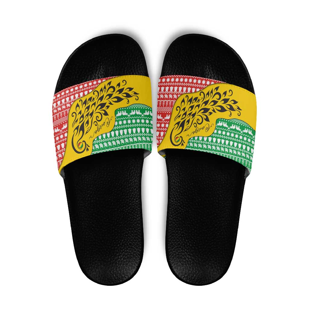 Congo Christmas Slide Sandals with Tribal Tree Design Coat of Arms and Animal Pattern - Wonder Print Shop