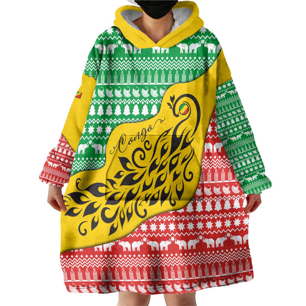 Congo Christmas Wearable Blanket Hoodie with Tribal Tree Design Coat of Arms and Animal Pattern - Wonder Print Shop