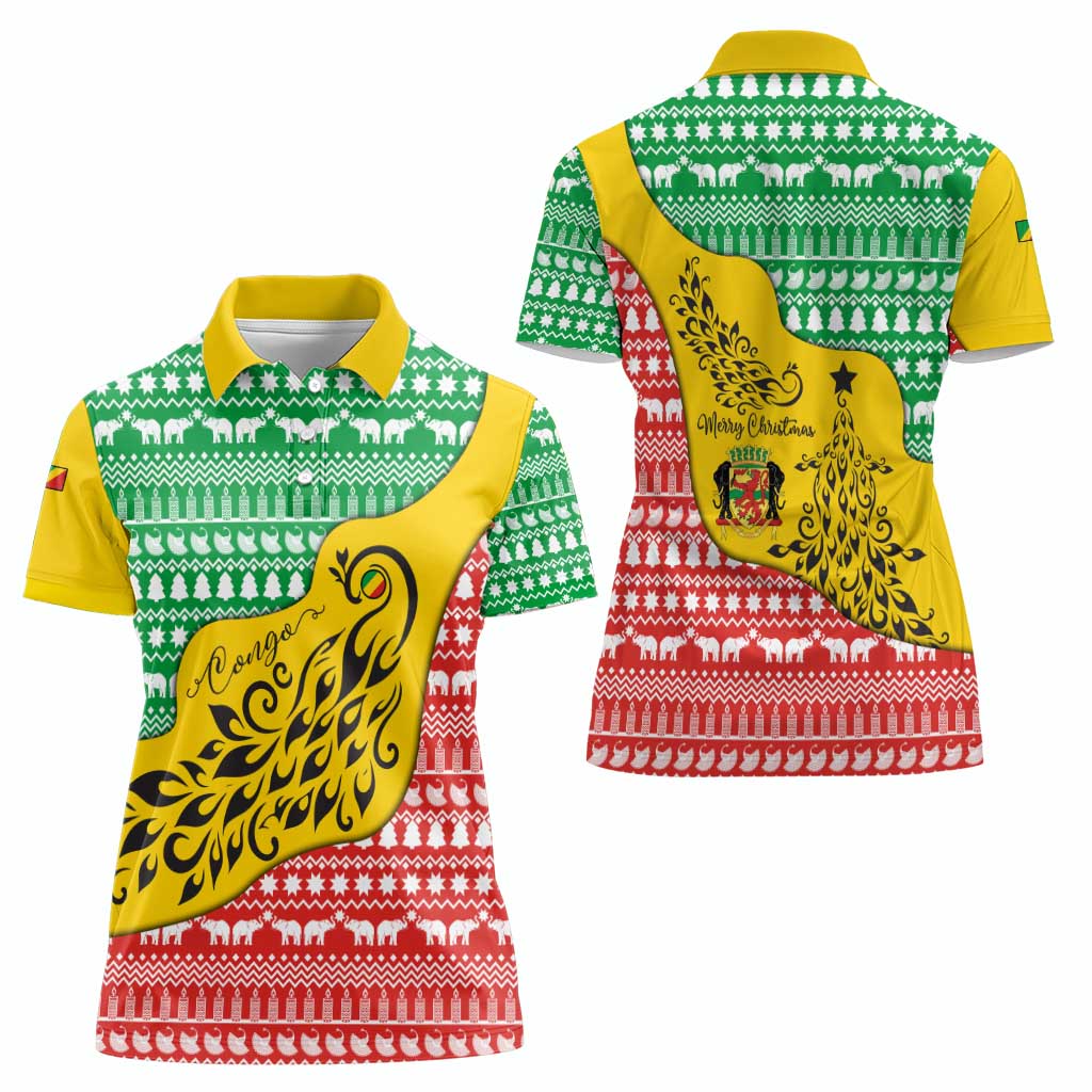 Congo Christmas Women Polo Shirt with Tribal Tree Design Coat of Arms and Animal Pattern - Wonder Print Shop