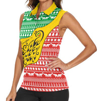Congo Christmas Women Sleeveless Polo Shirt with Tribal Tree Design Coat of Arms and Animal Pattern - Wonder Print Shop