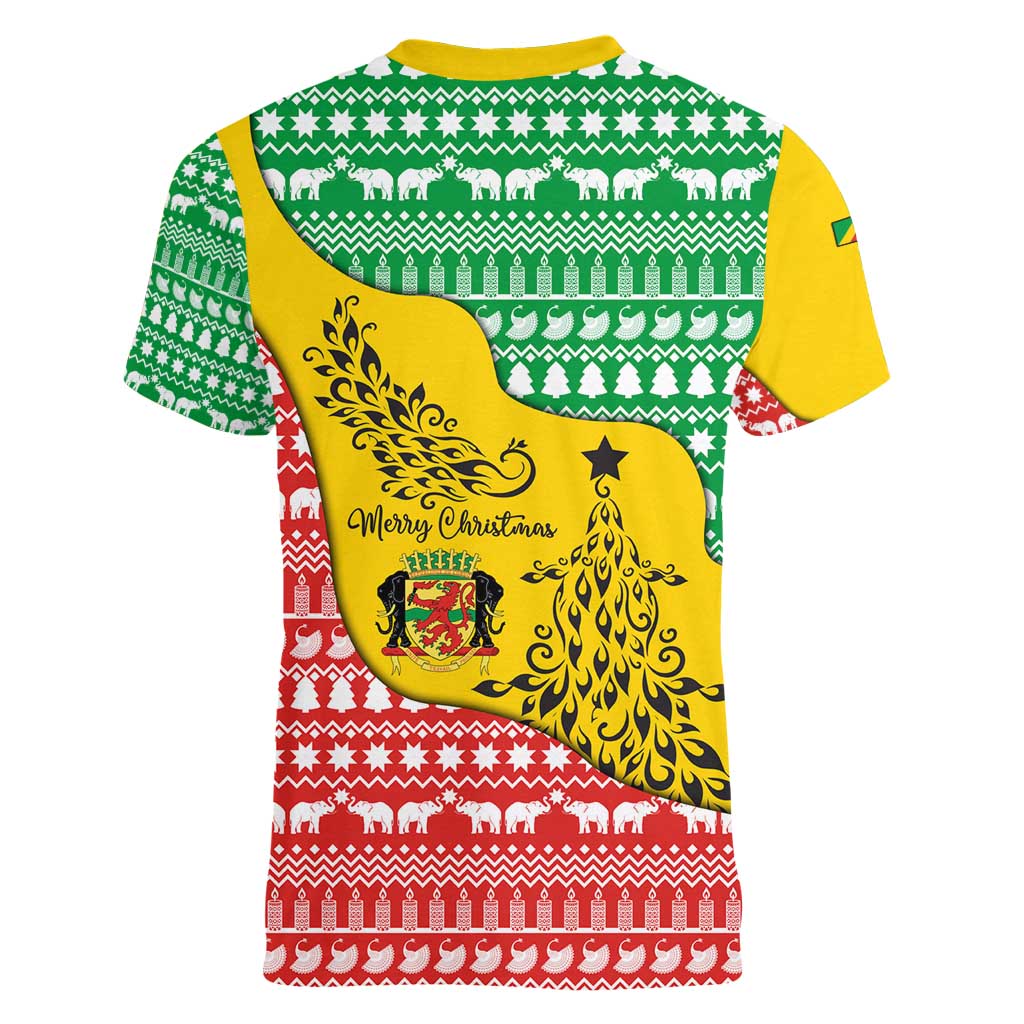 Congo Christmas Women V-Neck T-Shirt with Tribal Tree Design Coat of Arms and Animal Pattern - Wonder Print Shop