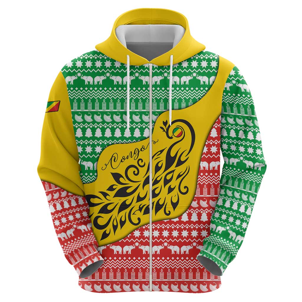 Congo Christmas Zip Hoodie with Tribal Tree Design Coat of Arms and Animal Pattern - Wonder Print Shop