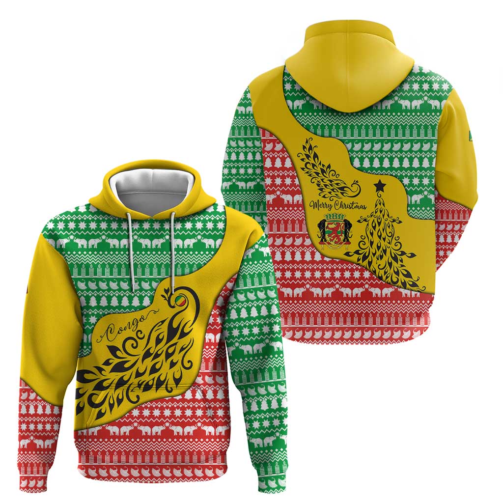 Congo Christmas Zip Hoodie with Tribal Tree Design Coat of Arms and Animal Pattern - Wonder Print Shop