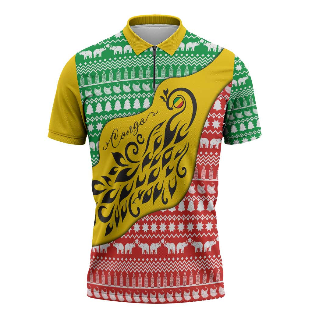 Congo Christmas Zipper Polo Shirt with Tribal Tree Design Coat of Arms and Animal Pattern - Wonder Print Shop