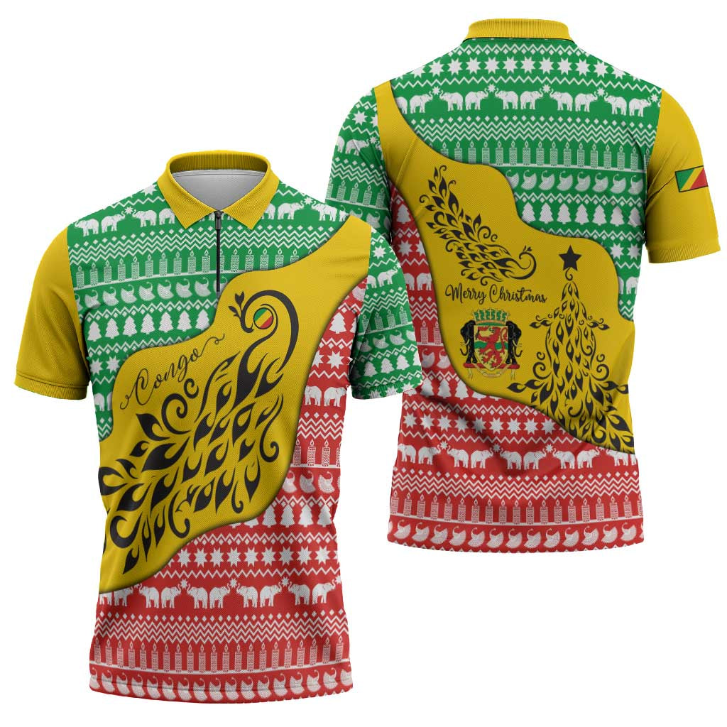 Congo Christmas Zipper Polo Shirt with Tribal Tree Design Coat of Arms and Animal Pattern - Wonder Print Shop