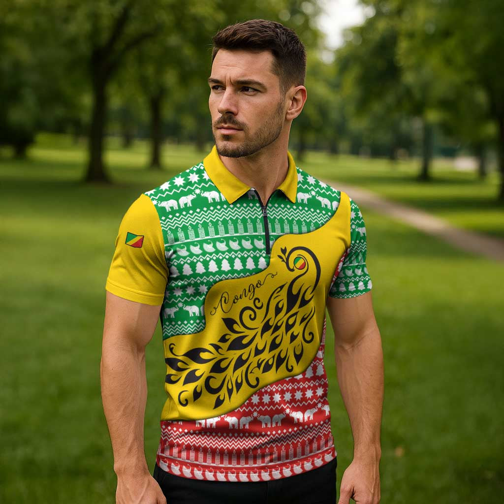 Congo Christmas Zipper Polo Shirt with Tribal Tree Design Coat of Arms and Animal Pattern - Wonder Print Shop