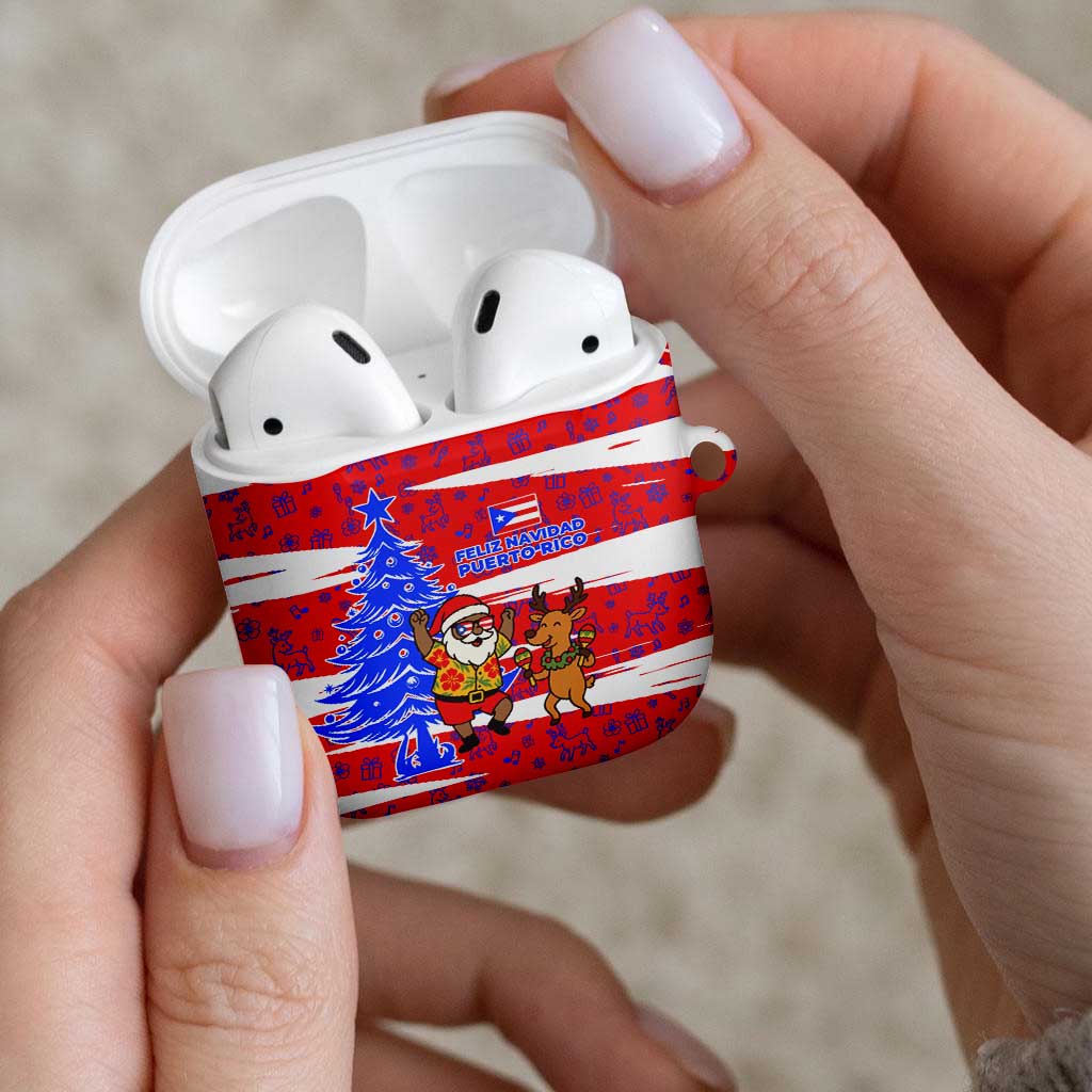 Puerto Rico Christmas AirPods Case with Dancing Santa Reindeer Blue Tree and Festive Flag Design - Wonder Print Shop