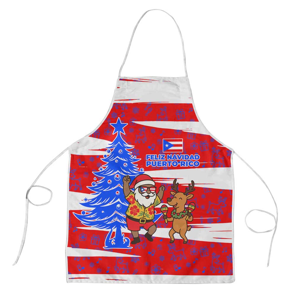Puerto Rico Christmas Apron with Dancing Santa Reindeer Blue Tree and Festive Flag Design - Wonder Print Shop