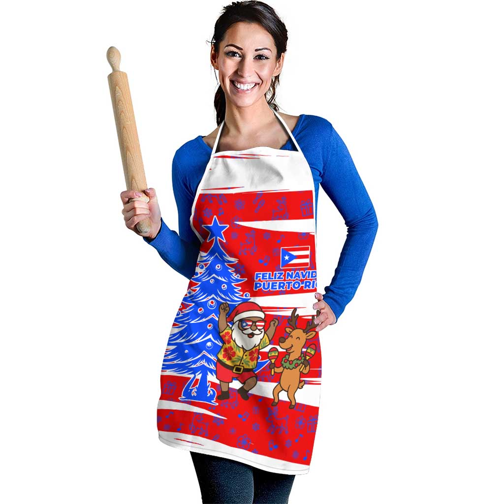 Puerto Rico Christmas Apron with Dancing Santa Reindeer Blue Tree and Festive Flag Design - Wonder Print Shop