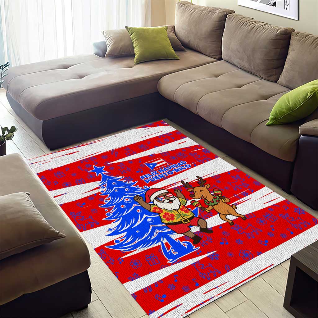 Puerto Rico Christmas Area Rug with Dancing Santa Reindeer Blue Tree and Festive Flag Design - Wonder Print Shop