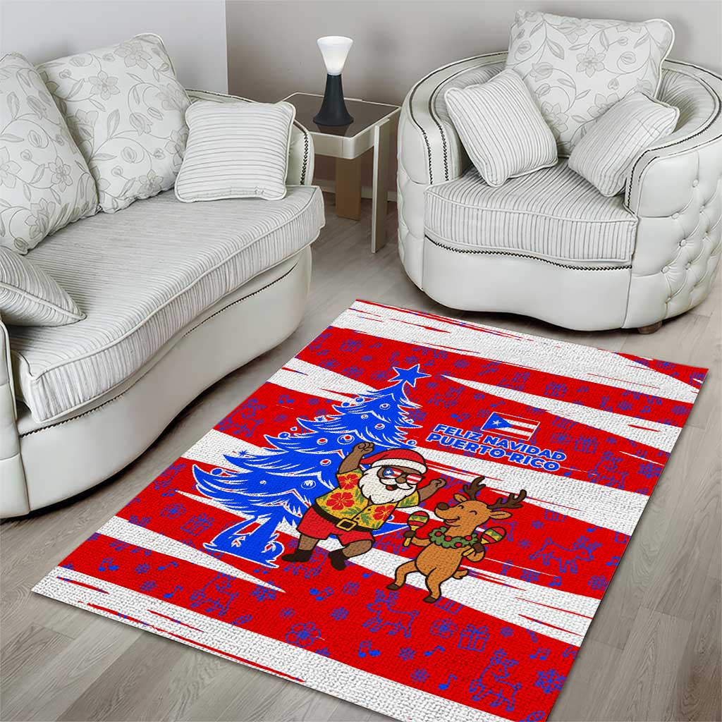 Puerto Rico Christmas Area Rug with Dancing Santa Reindeer Blue Tree and Festive Flag Design - Wonder Print Shop