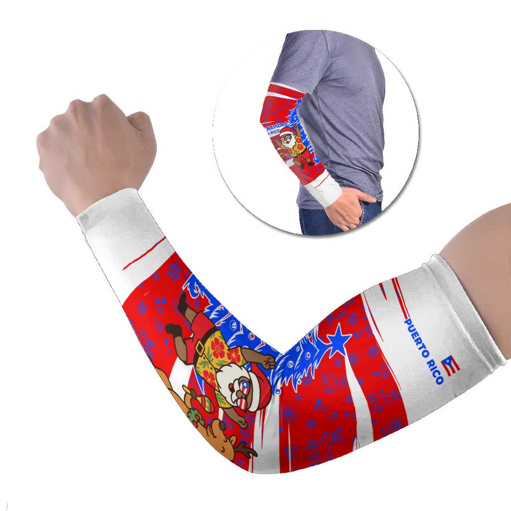 Puerto Rico Christmas Arm Sleeves with Dancing Santa Reindeer Blue Tree and Festive Flag Design - Wonder Print Shop