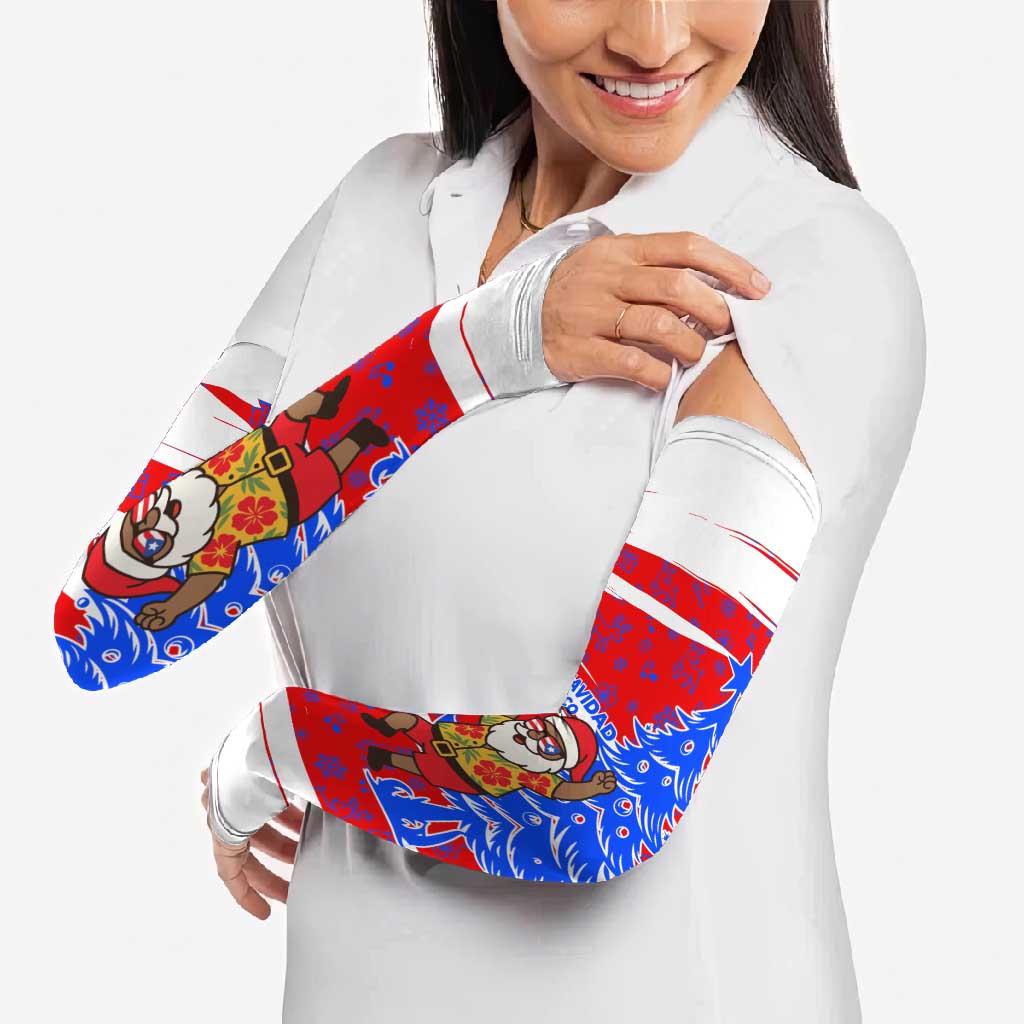 Puerto Rico Christmas Arm Sleeves with Dancing Santa Reindeer Blue Tree and Festive Flag Design - Wonder Print Shop